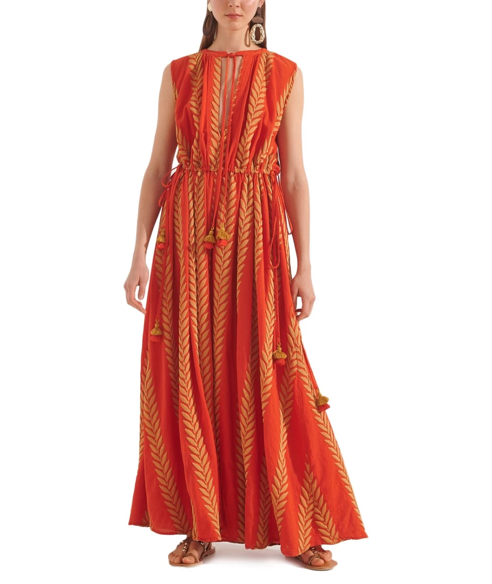 August female jacquard maxi dress with gold leaves. 1