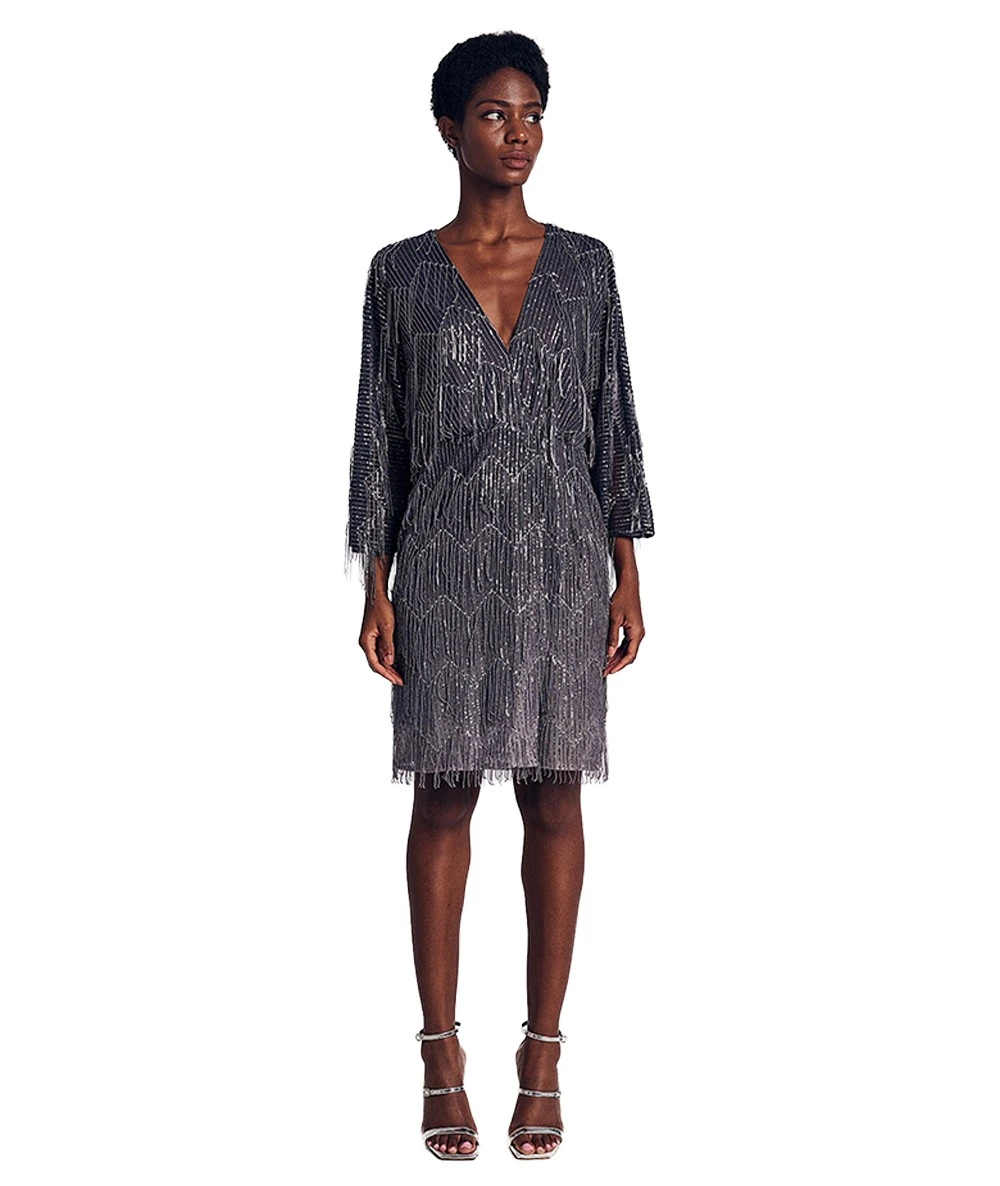 FOREL Women's Mini Gray Dress with Fringes and Rhinestones 1