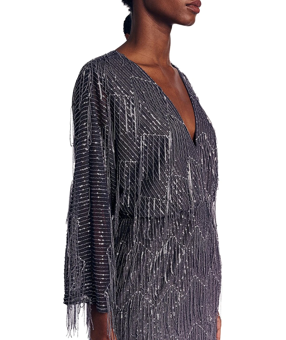FOREL Women's Mini Gray Dress with Fringes and Rhinestones 2