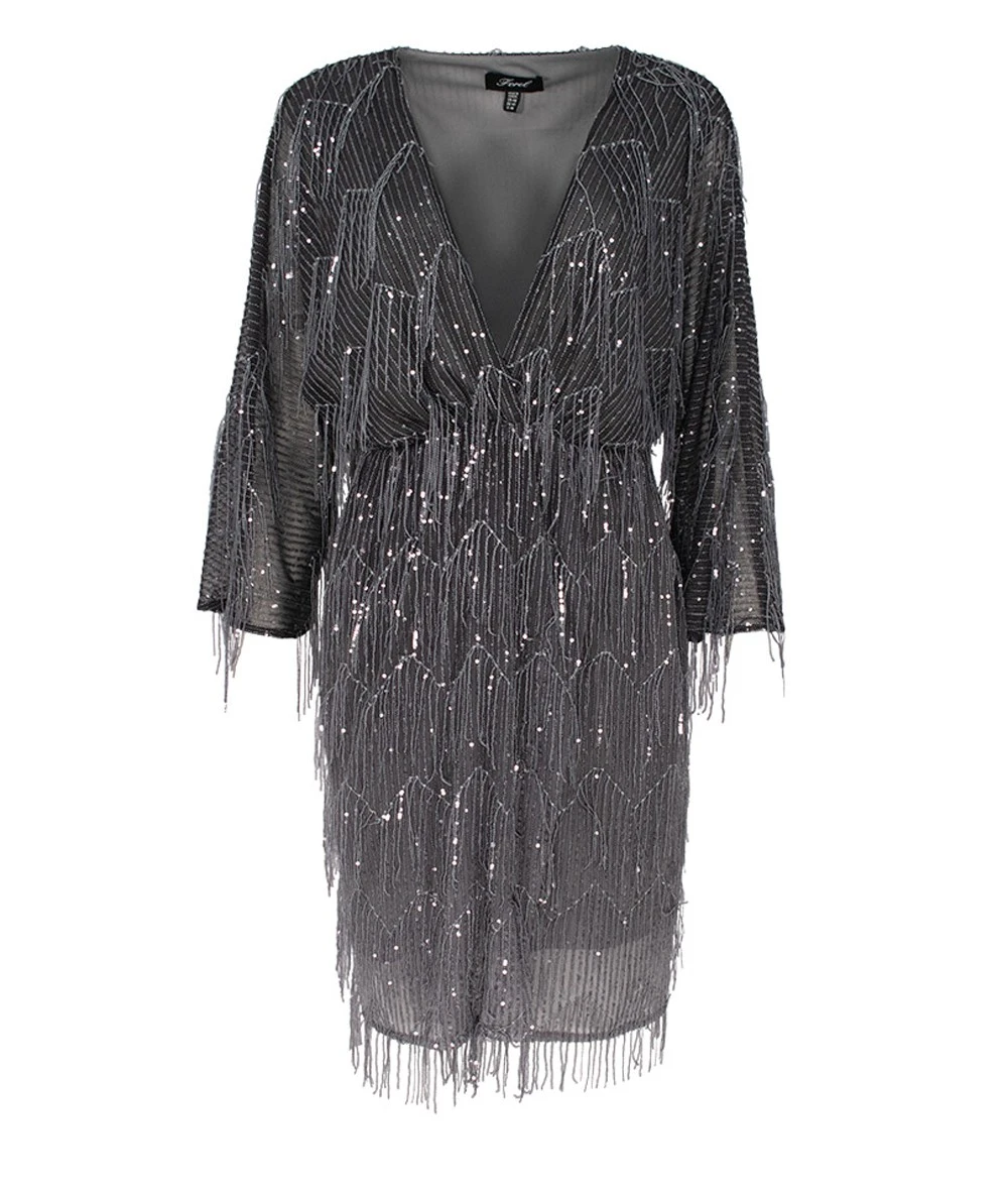 FOREL Women's Mini Gray Dress with Fringes and Rhinestones 4