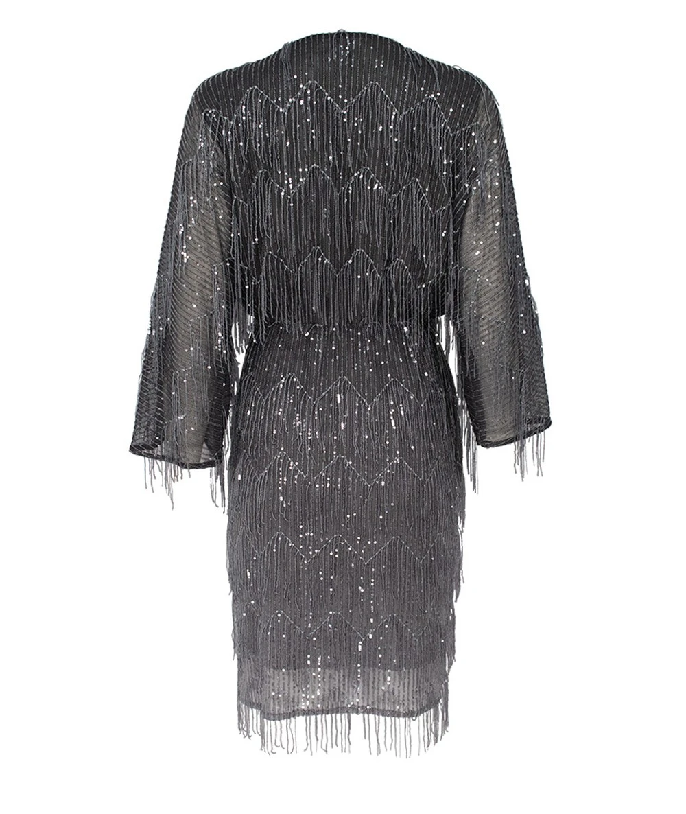 FOREL Women's Mini Gray Dress with Fringes and Rhinestones 5