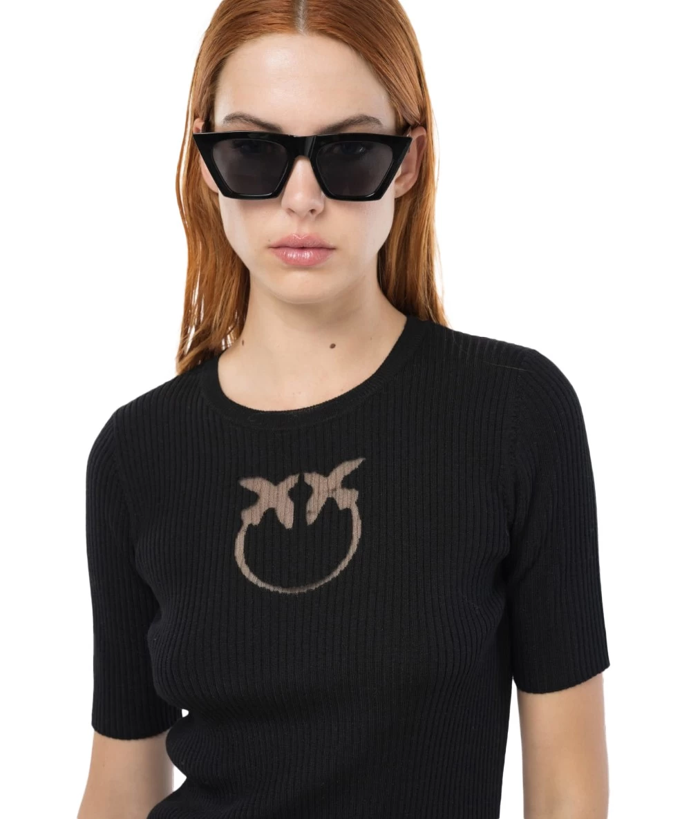 Pinko Γυναικεία Κοντομάνικη Μάλλινη Μπλούζα με Λογότυπο 1