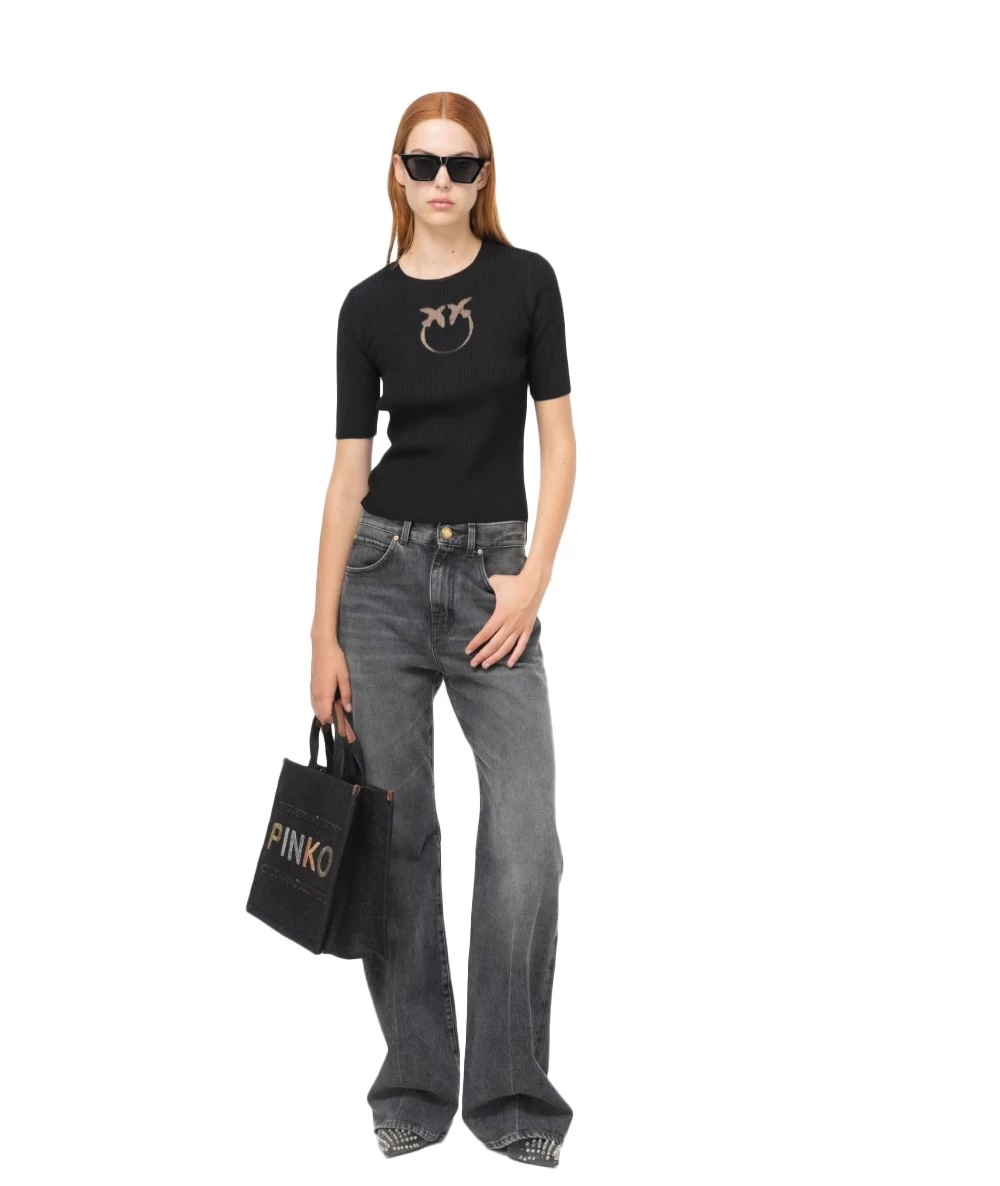 Pinko Γυναικεία Κοντομάνικη Μάλλινη Μπλούζα με Λογότυπο 2