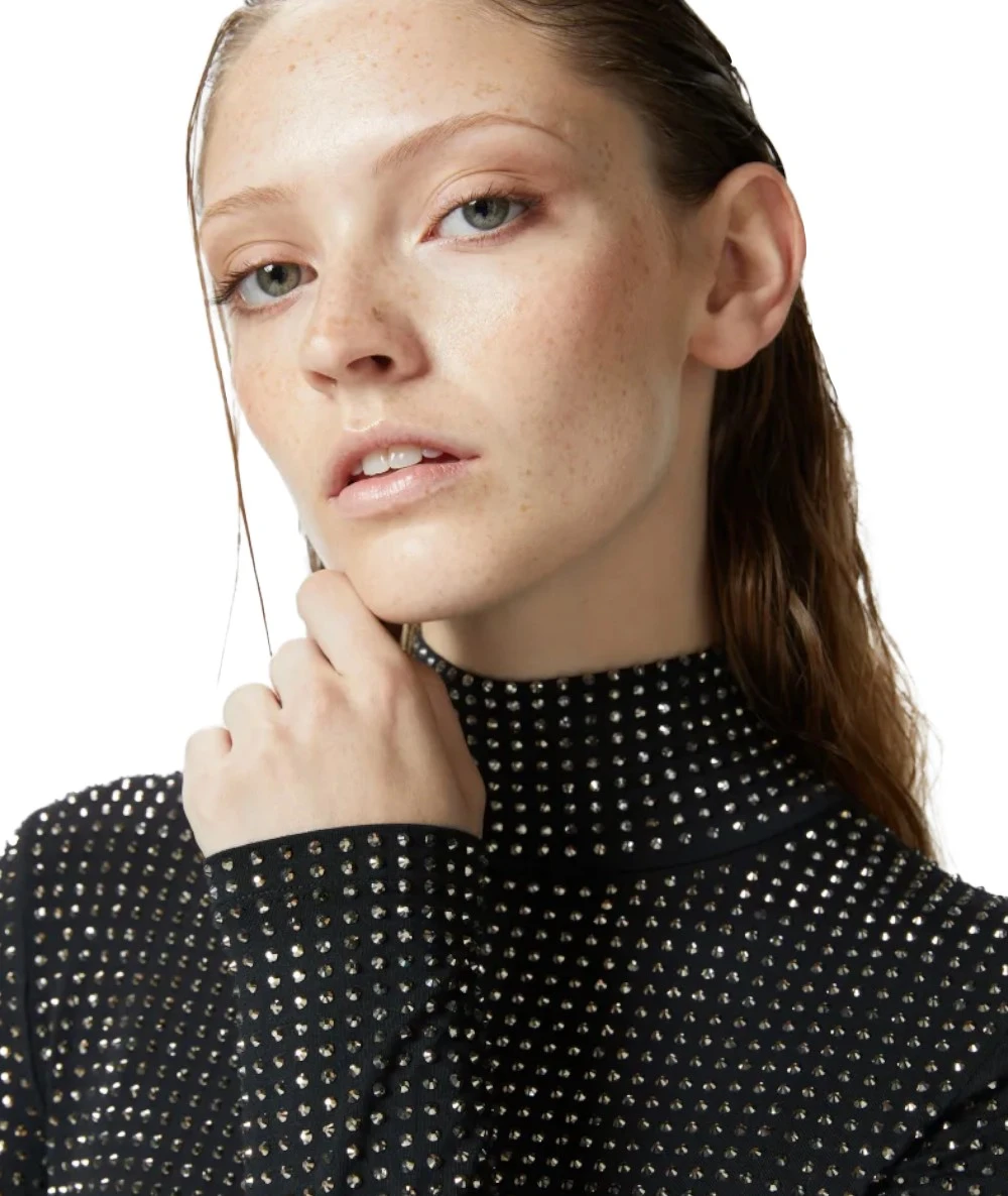 PINKO High-collared jersey blouse with rhinestones 2