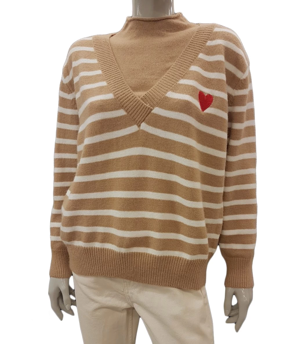 Women's striped sweater with heart embroidery. 1