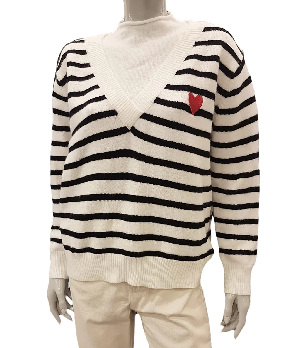 Women's striped sweater with heart embroidery. 1